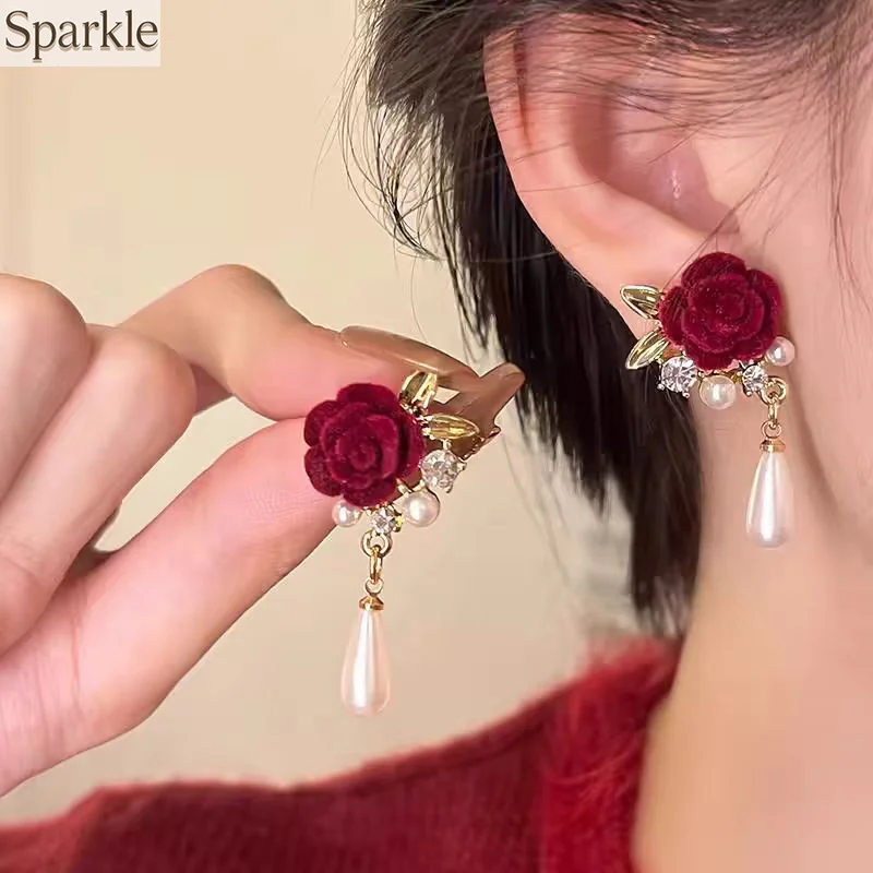 

Retro Wine Red Velvet Rose Pearl Drop Earrings Autumn Winter Elegant Statement Ear Jewelry Trendy Chic Ear Accessories for Women