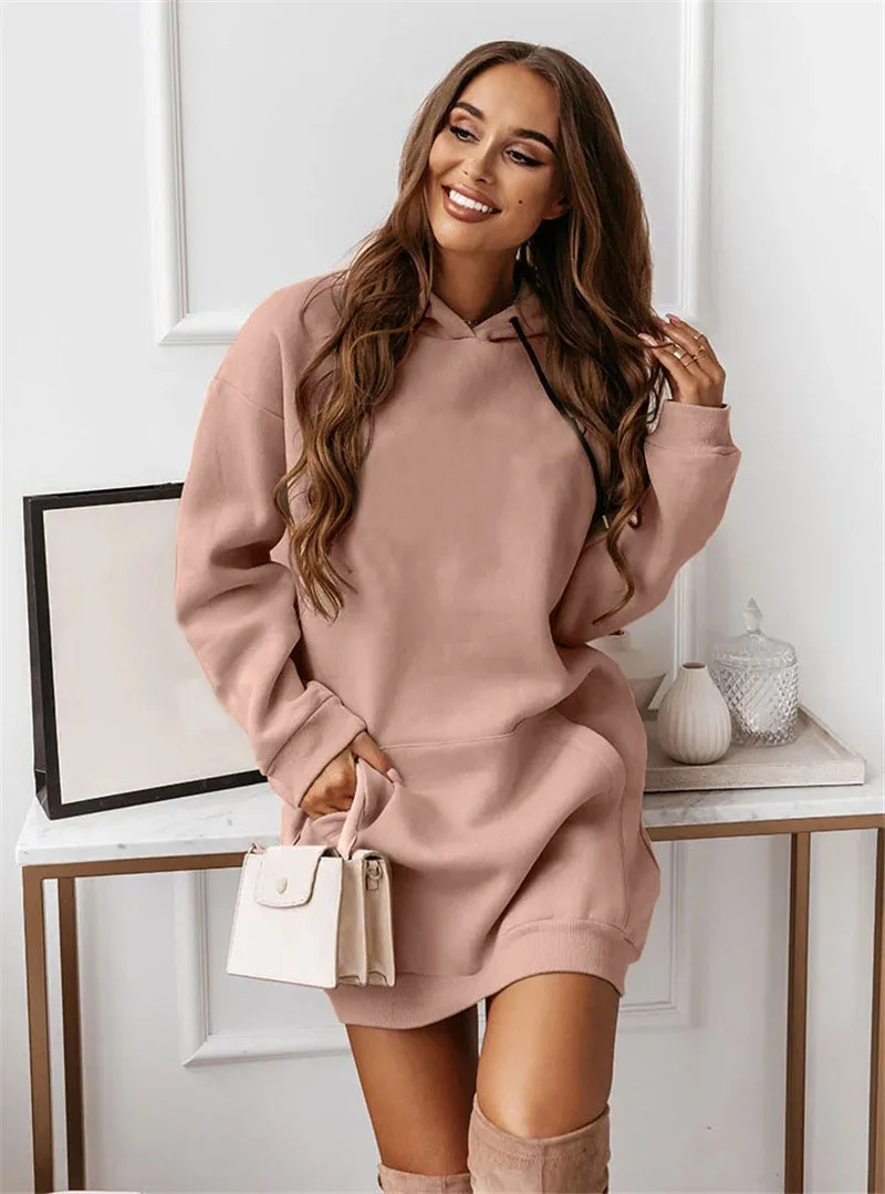 

Women Hoodies Dress Trendy 2025 Autumn Winter Sweatshirt Solid Color Casual Long Sleeve Pullover Loose Drawstring Hooded Dresses