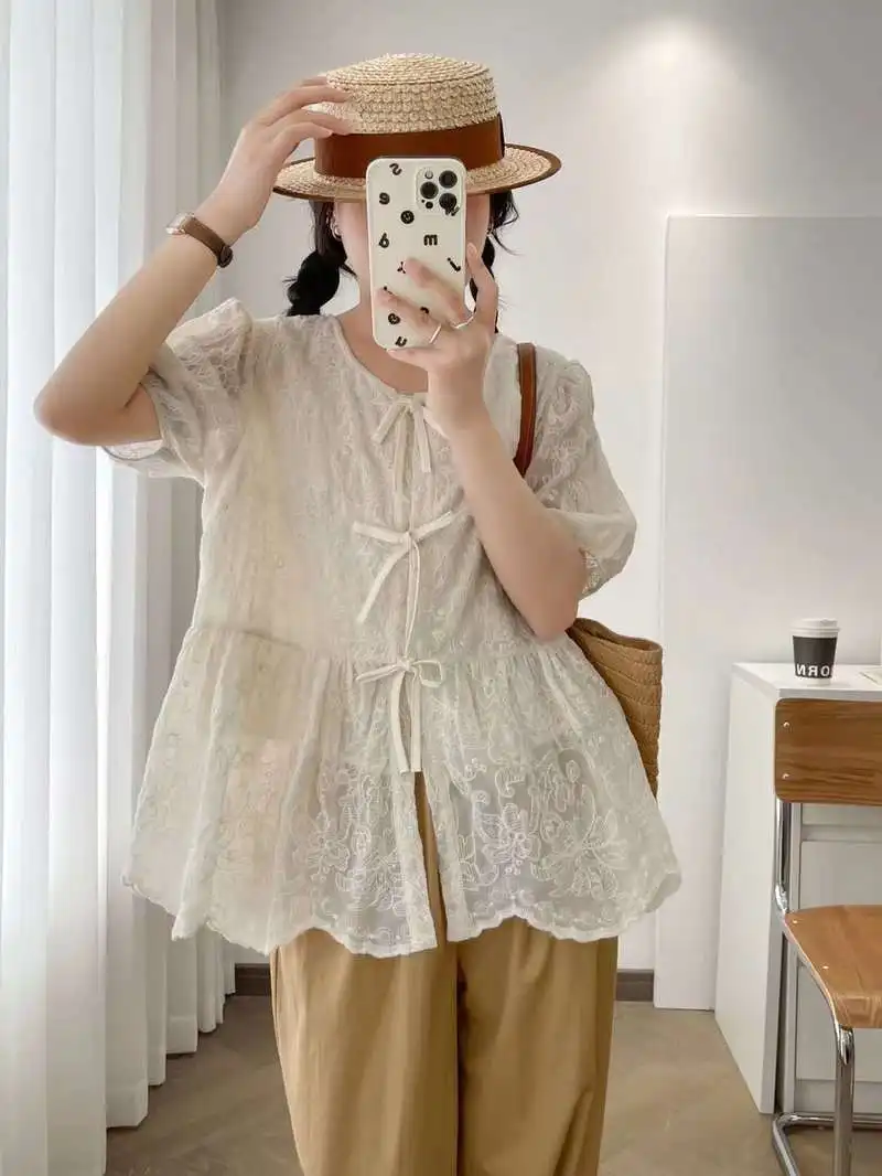 Mori kei clothing Japanese style short sleeve lace-up embroider shirts and blouses for women cotton summer tops cardigan