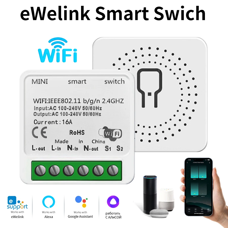 

16A Mini WiFi Smart Switch Module eWeLink App Smart Home Light Switch DIY Breaker Relay работает с Alice Alexa Google Assistant