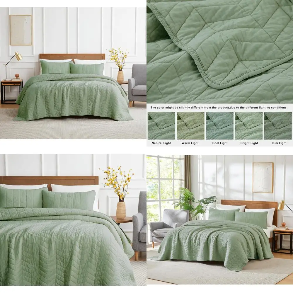 

California King Sage Green Cotton Quilted Bedding Set with Pillow Shams, Oversized Lightweight Soft Coverlet