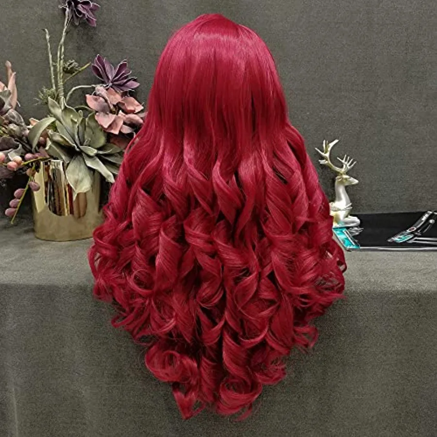 شعر مستعار صناعي طويل مموج بدانتيل أمامي أحمر للنساء مع خط شعر طبيعي مثالي للحفلات التنكرية ومناسبات الهالوين #2