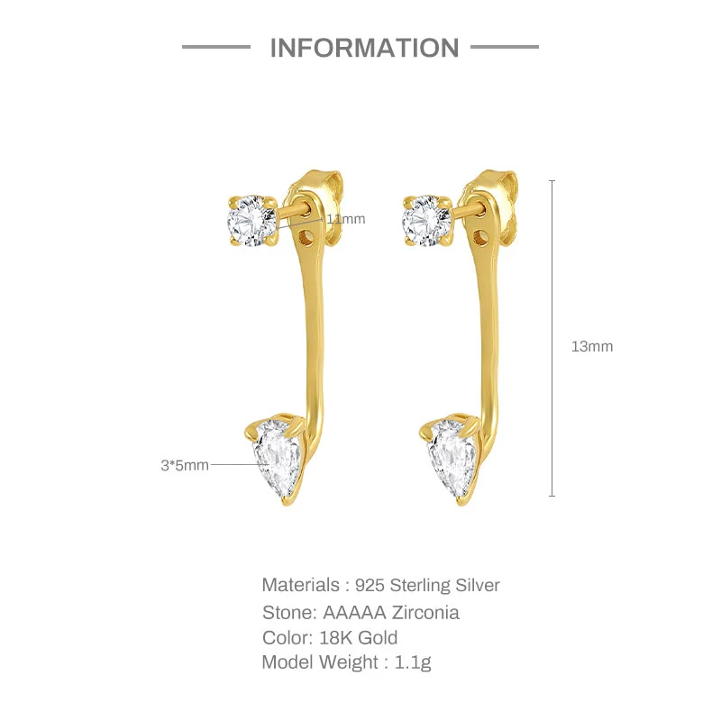 Aide 925 Sterling Silver Sparkling Zircons Front Back Earrings Women Minimalist Ear Jacket Geometric Crystal Double Wear Studs