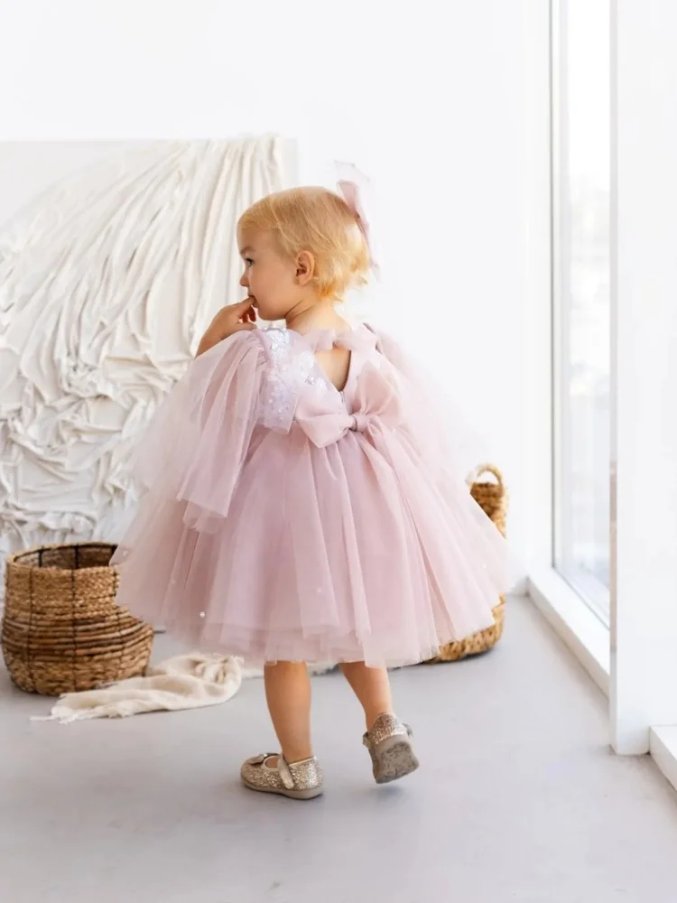 Custom Flower Girl Dress Sheer Puff Sleeves Lace Applique Big Back Bow Short Tutu Christening First Birthday Studio Photoshoot