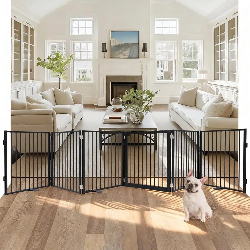 

Широкая 6-панельная ворота для животных с дверцей, 156 см в ширину, для коридоров, дверных проемов, дворов - черные