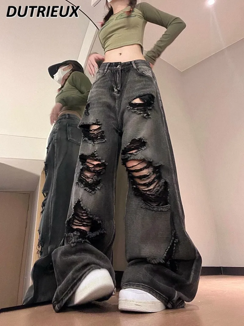 Women's American-Style Black Y2k Ripped Jeans High Waist Figure Flattering Wide Leg Pants Oversize Plump Girls Loose Trousers