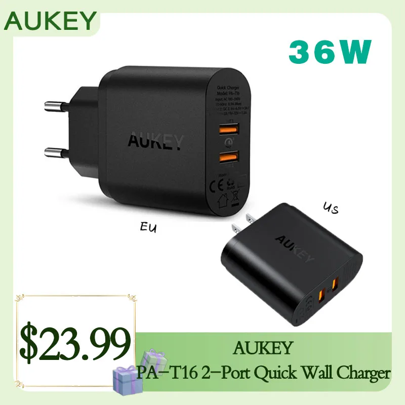 

AUKEY PA-T16 Оригинальное 36 Вт 2-портовое выходное устройство QC3.0 быстрое Сетевое зарядное устройство PD быстрое зарядное устройство для телефона Тип ЕС стандарт зарядное устройство аксессуары