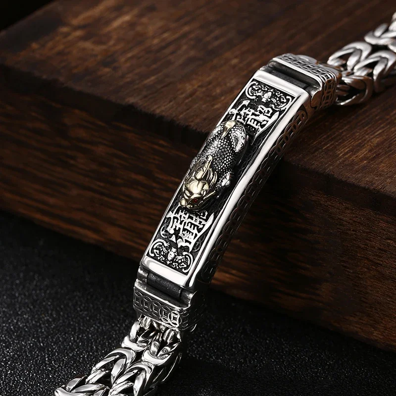 Chinese Style Retro Silver Double-stranded Peace Tattoo Money Brave Troops Men\'s Bracelet Personality Pop Retro Lucky Guy
