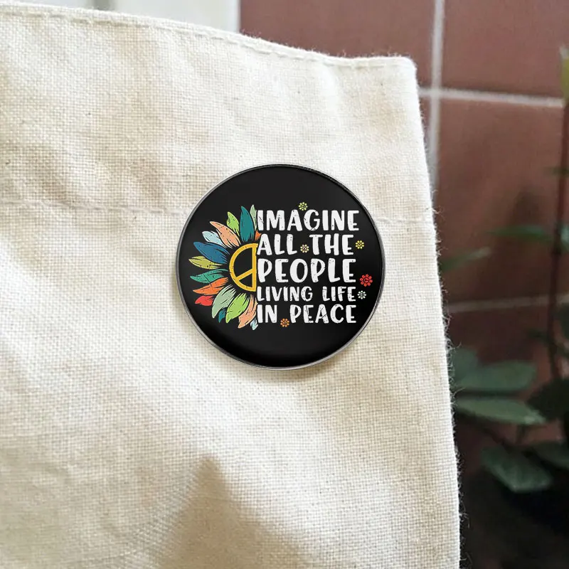 Imagine All The People Living Life In Peace Enamel Pin Vintage Hippie Quote Brooches Colorful Sunflower Lapel Badge Gift