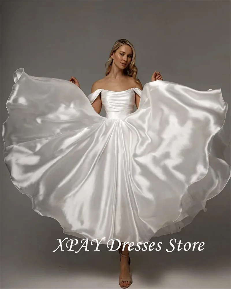 XPAY Simple Off Shoulder Wedding Dresses Customized Pleat Strapless Ankle Length Bride Dress Princess Draped A Line Bridal Gown