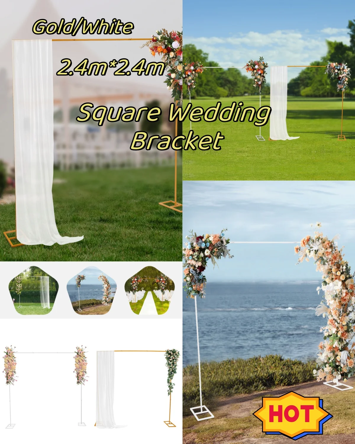 Gold/White Backdrop Stand Heavy Duty with Base Portable Adjustable Pipe and Drape Square Metal Arch Party Frame for Wedding Deco