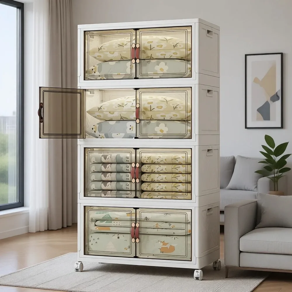 Stackable Storage Bins with Lids, Collapsible Closet Organizer for Space Saving and Easy Assembly