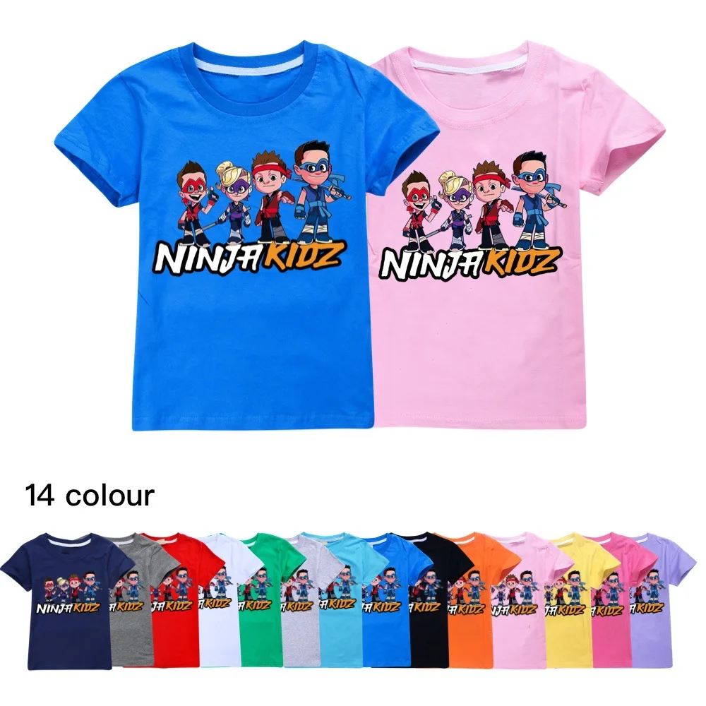 T-shirt de manga curta para bebé menino e menina, roupas novas de verão, jogo bonito dos desenhos animados, ninja kidz, algodão no máximo
