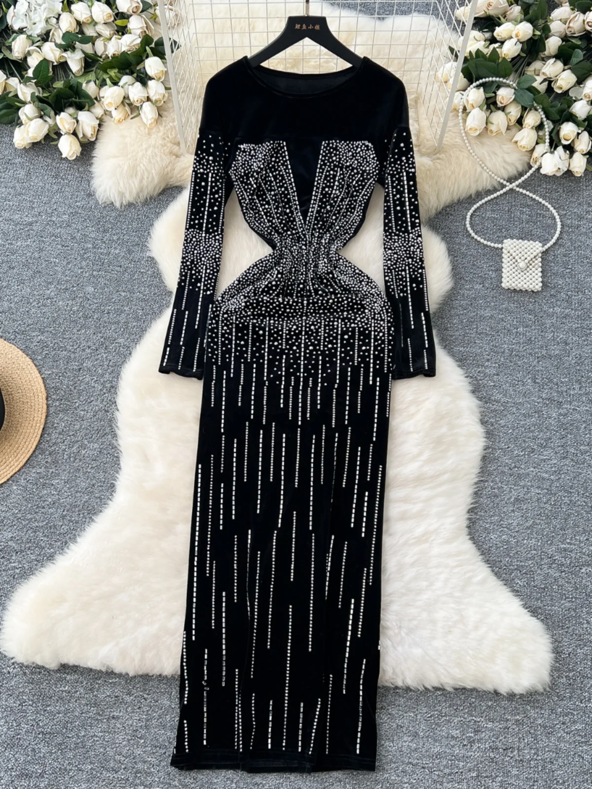 Velvet Long Sve Slimming Evening Par Dr Women's Faionable Winter High Waist A-Line Skirt Mid-Length Korean Sle