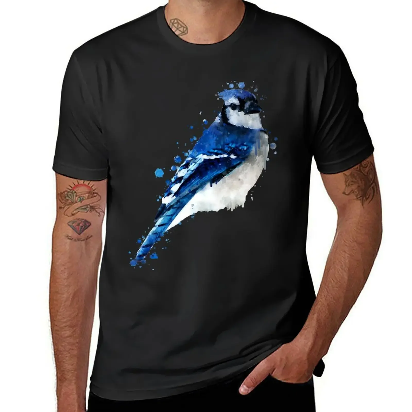 Dramabite Watercolor blue jay bird T-Shirt man clothes custom t shirt plus size tops funny t shirts men