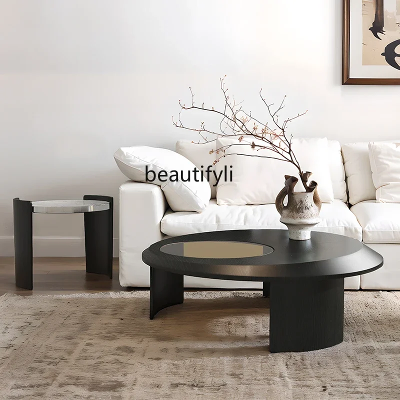 Retro style round coffee table black oak small apartment living room home low table artistic sense