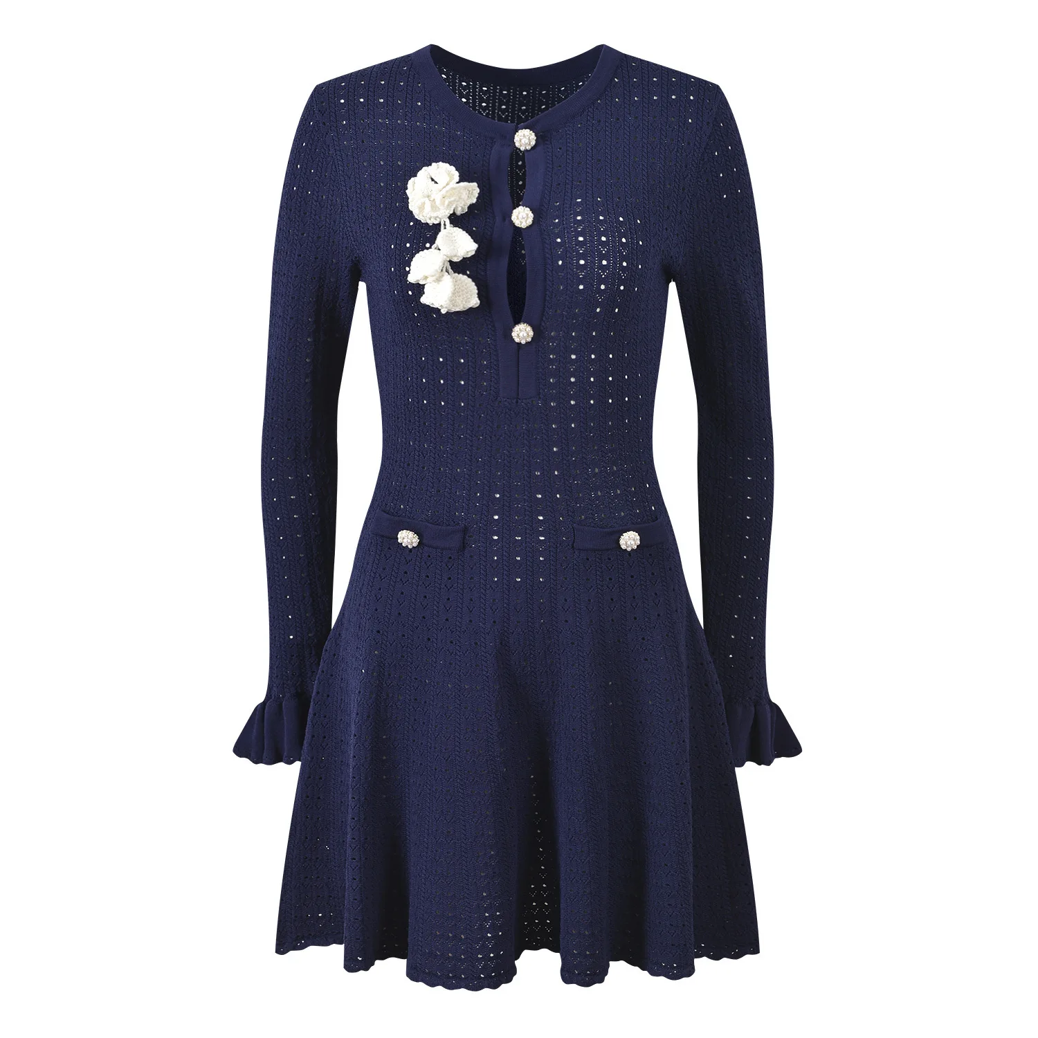 

2026 Navy Blue Knitting Women Dress High End O Neck Long Sleeves Evening Dresses With White Hook Flowers 60501