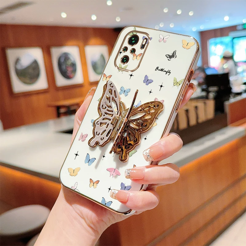 N ote 10 Little Butterfly Plating Holder Phone Case For Xiaomi Redmi Note 10Pro 10 12 12S 10T 11S 11Pro 11EPro 12Pro 9 10S Cover