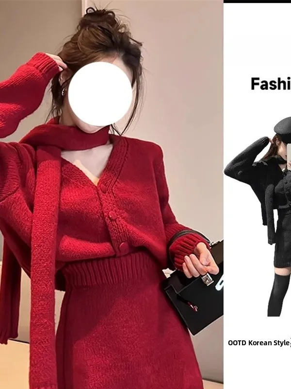 

New Year Red Knitted Dr Women's Early Autumn Cisas Celebration Small Size Ele Inner Wear Sweater Dr