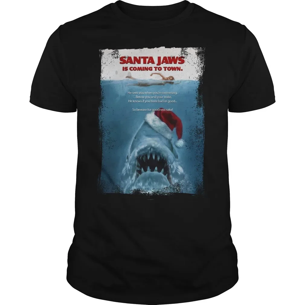 

Funny Jaws Christmas Hat Shark Santa T-Shirt 100% Cotton O-Neck Summer Short Sleeve Casual Mens T-shirt Size S-3XL