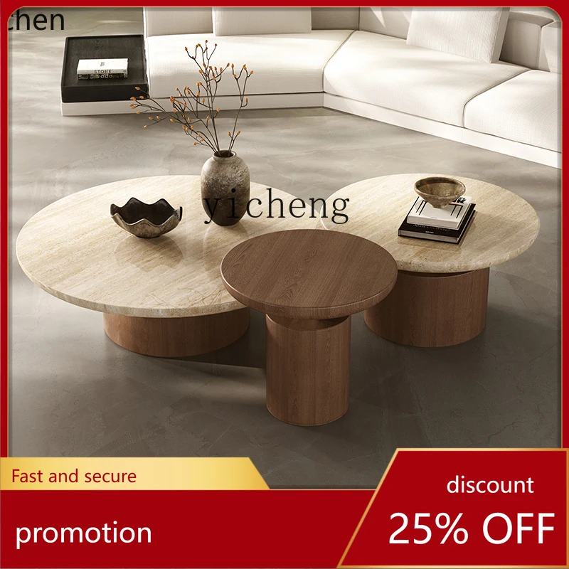 

HXL natural travertine coffee table combination retro solid wood round tea table living room home marble advanced sense