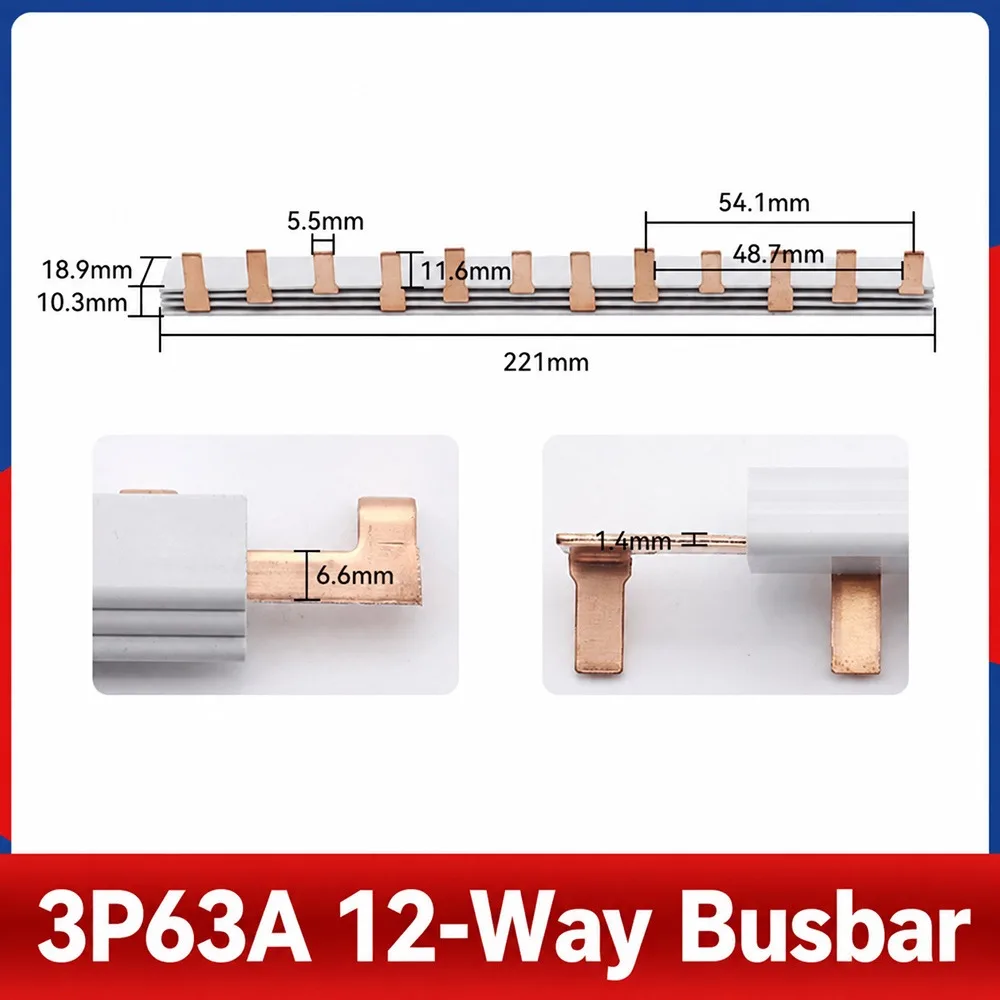1Pcs 63A MCB Busbar 1/2/3Pole Red Copper Pin Type Busbar 4-12 Way PVC Flame Retardant Circuit Breaker Busbar