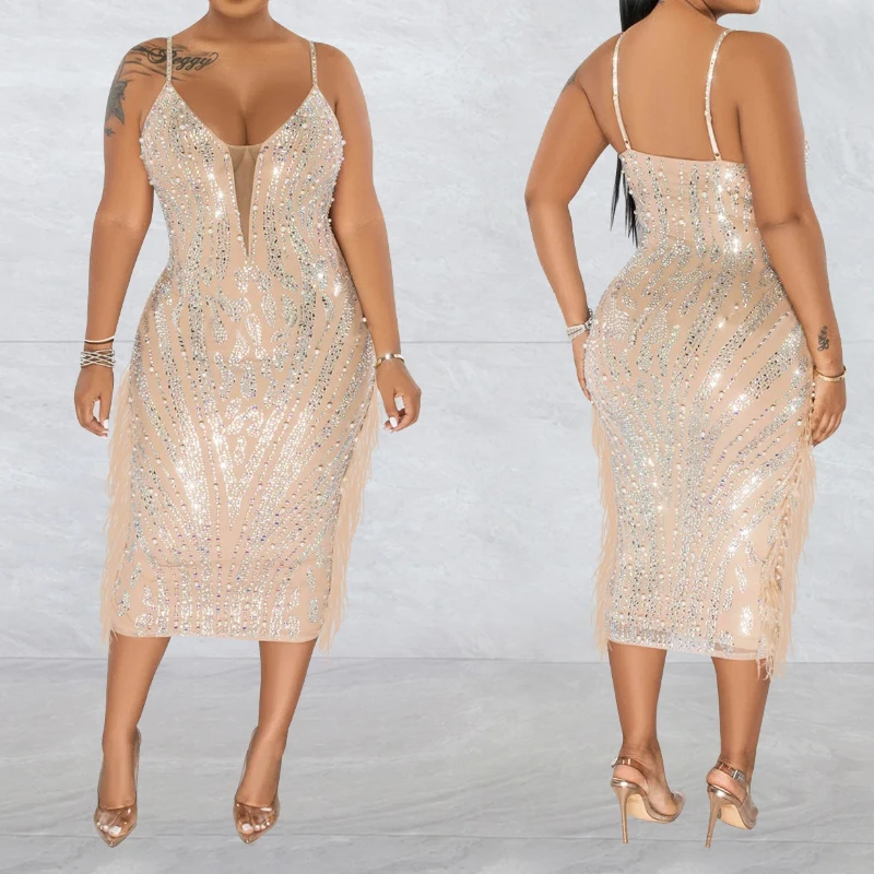 Vestido largo ajustado de malla transparente para mujer, vestido Sexy sin mangas con cuello en V y diamantes de imitación brillantes, vestido de fiesta para discoteca