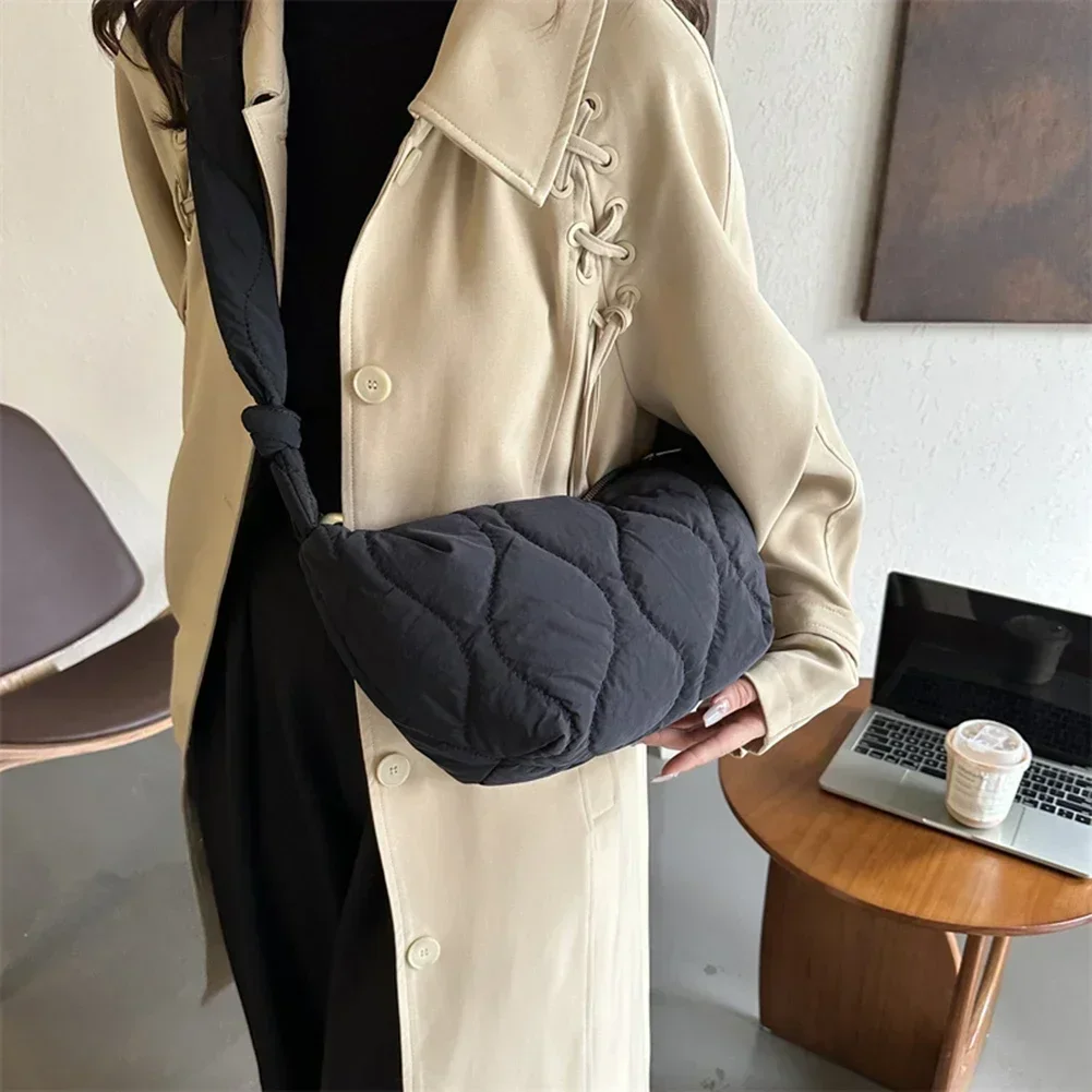 CW2  Female Puffer Shoulder Bag Trendy Soft Down Cotton Pillow Shopper  with Zipper Underarm