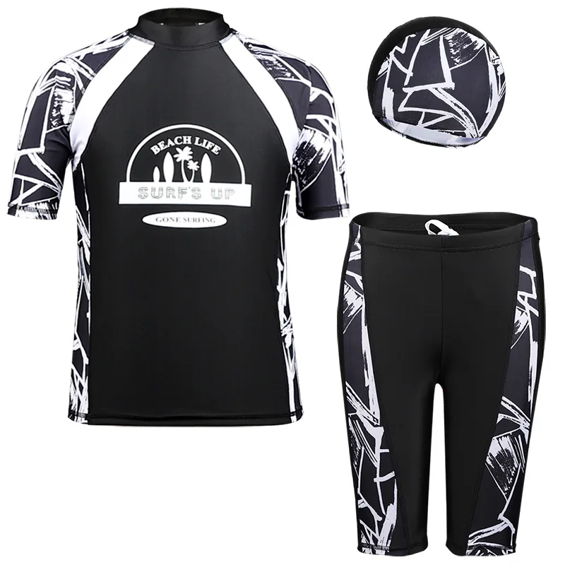 Children Swimwear 3-Piece Boys Rash Guard Quick-Drying Soft Swim Trunks Cap Swimsuit Short Sleeve Sports Bathing Suit