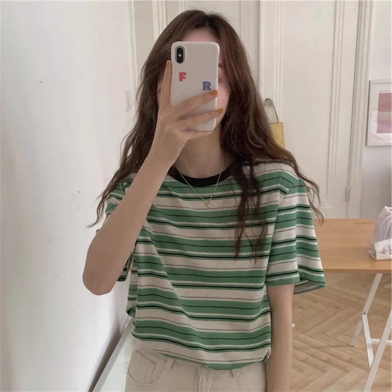 Slimming Striped Short Sleeve T-Shirt Korean Style Color Block Women's Summer Loose Fit round Neck Casual Comfortable Cotton Top