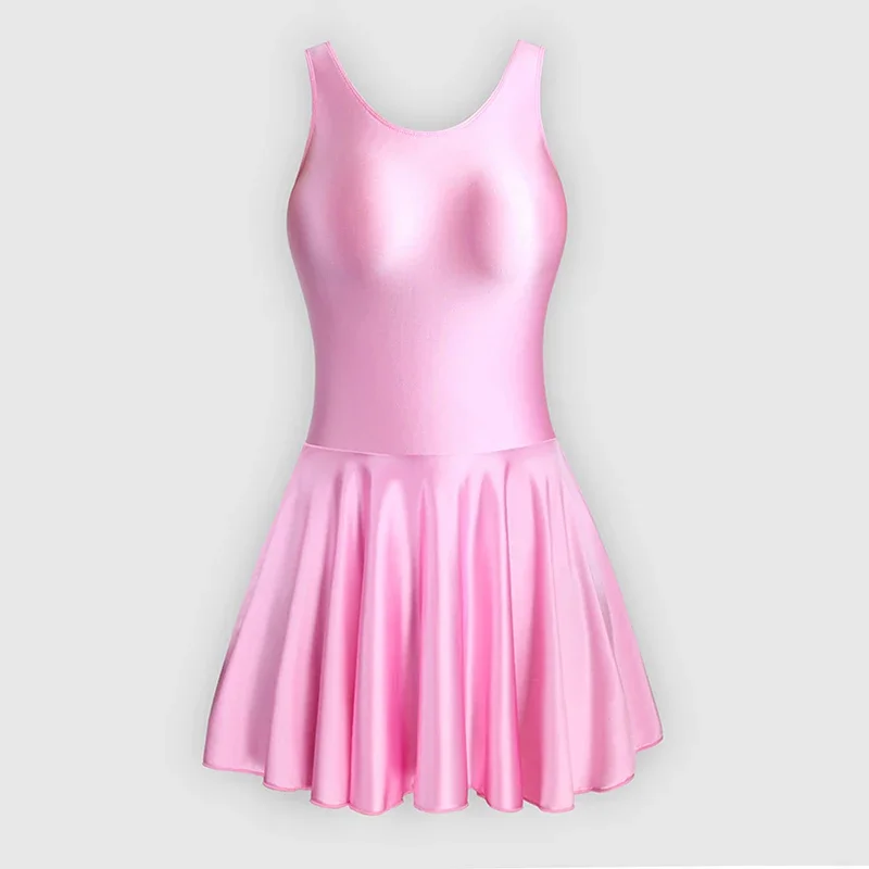 

Women Sleeveless Tight Glossy Silk Dance Dress Yoga Solid Shaped Practice Skirt Rhythmic Gymnastics Leotard Swimsuit Dancewear