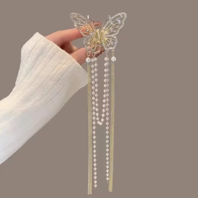 Super Fairy Butterfly Tassel Clip Hollow Pearl Rhinestone Hair Clamp Back Of The Head Shark Clip Temperament Headgear