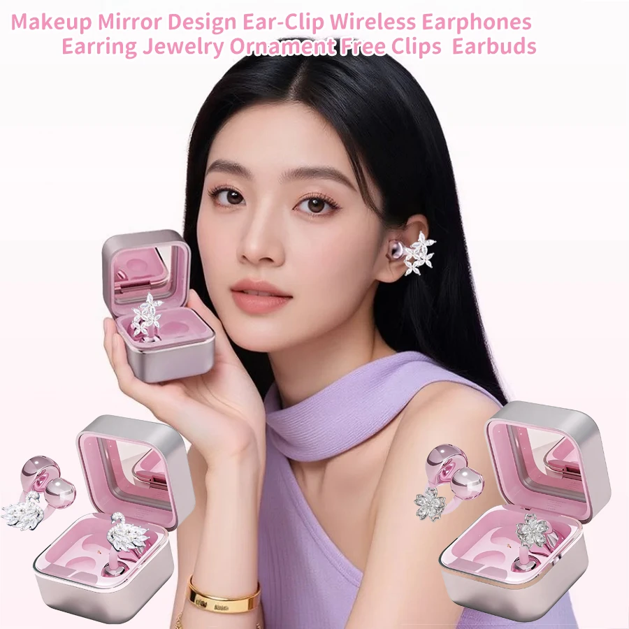 

Makeup Mirror Design Ear-Clip Wireless Earphones Ornament Earring Jewelry Earbuds HiFi Sound Bluetooth5.4 Free Clips Headset