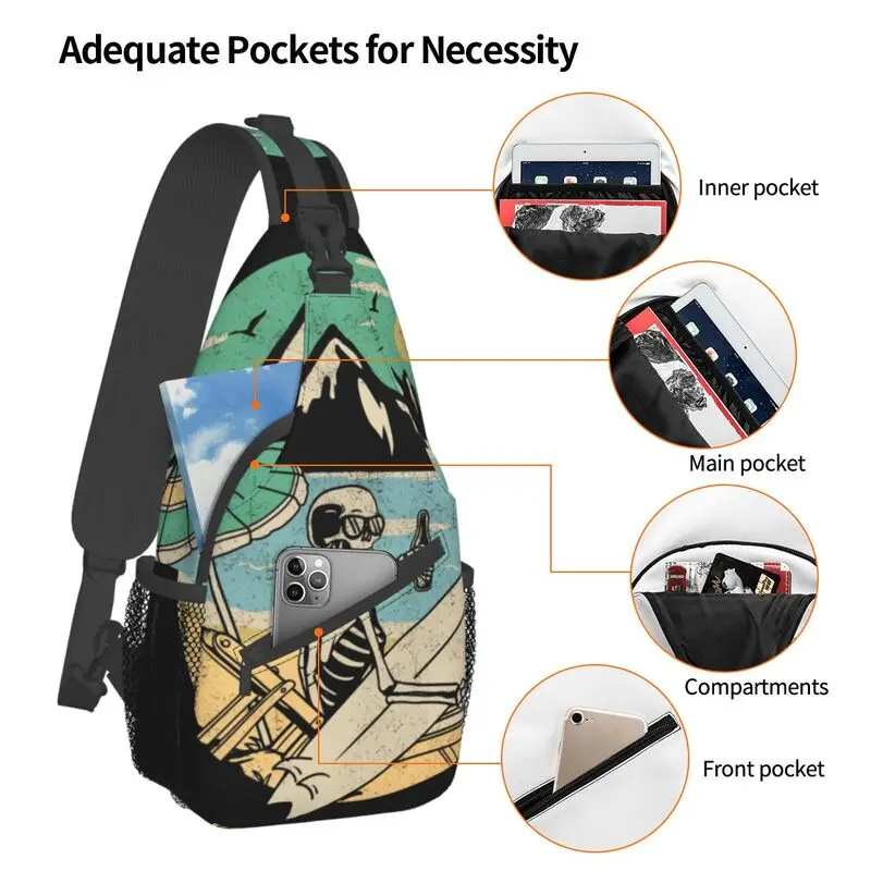 Mochila crossbody sling para homens, bolsa de peito de ombro, surfista de praia, caveira, viagem, ciclismo, verão, moda