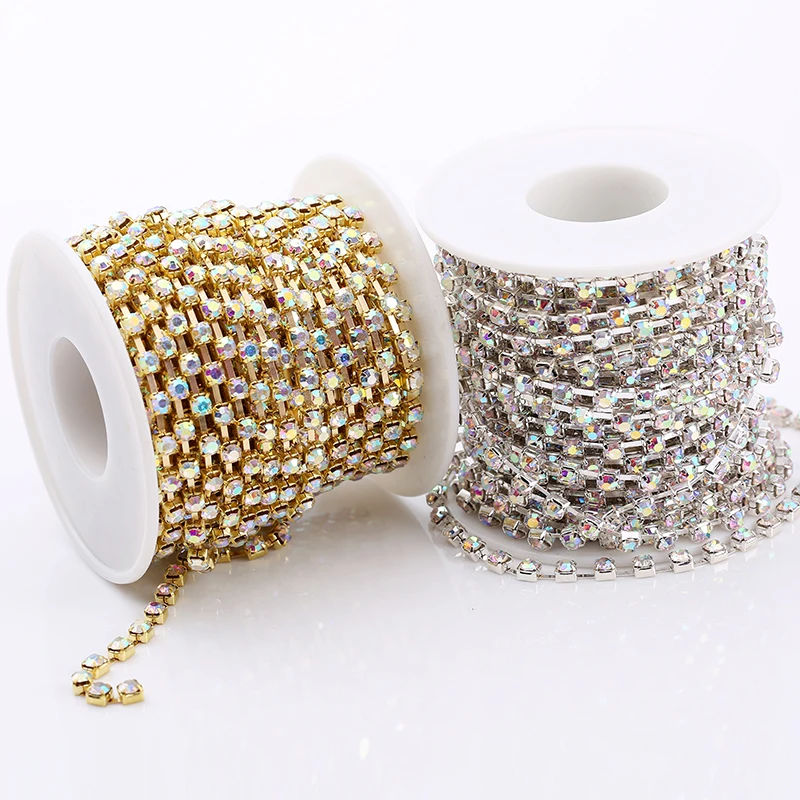 Najwyższej klasy SS6-SS38 (2mm-8mm) Przezroczysty kryształ Rhinestone Cup Chain Sliver/Gold Crystal AB Rhinestone Chain Trim Decoration