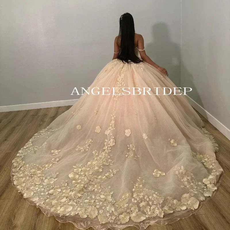 ANGELSBRIDEP Glittering Princess Quinceanera Dresses Off-Shoulder 3D Floral Lace Vestidos De 15 Anos Birthday Party Ball Gown