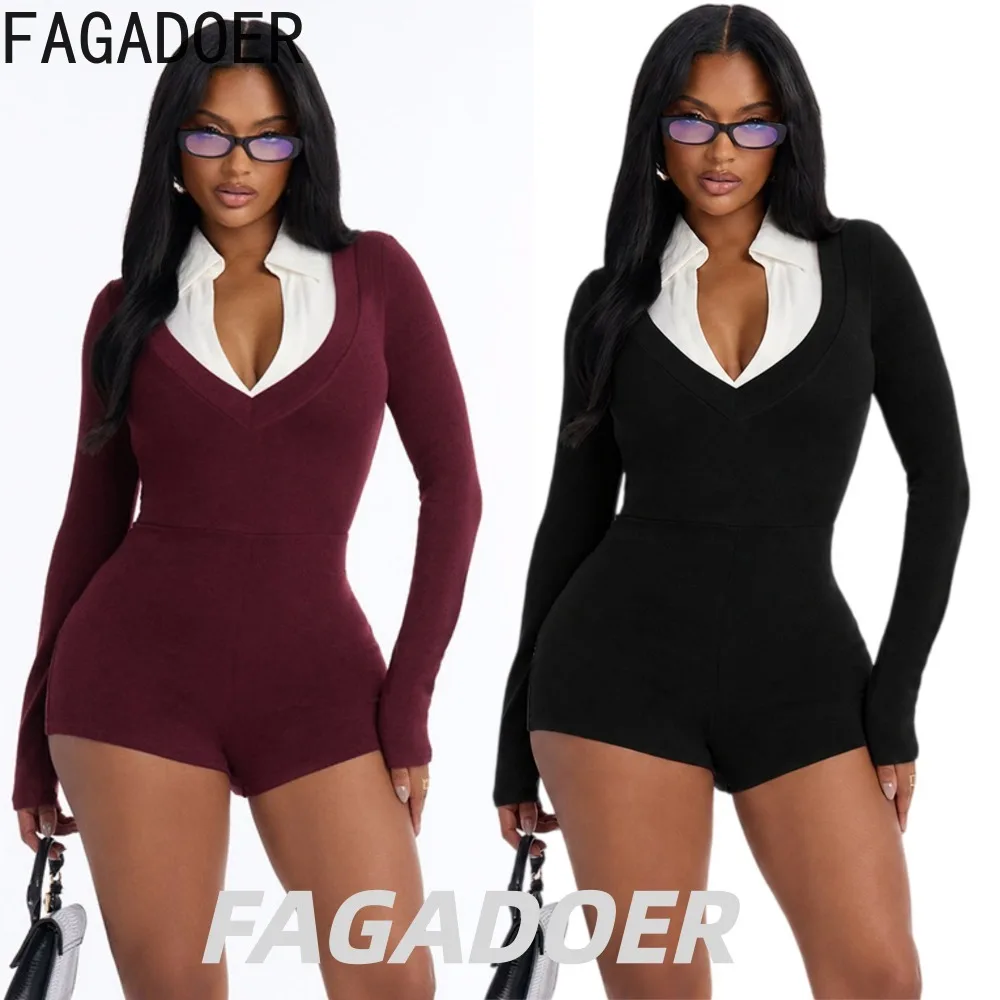FAGADOER Women Sexy Long Sleeve Romper V Neck Collared Bodycon Short Jumpsuit Preppy Style Casual Chic One Piece Y2k Outfit New