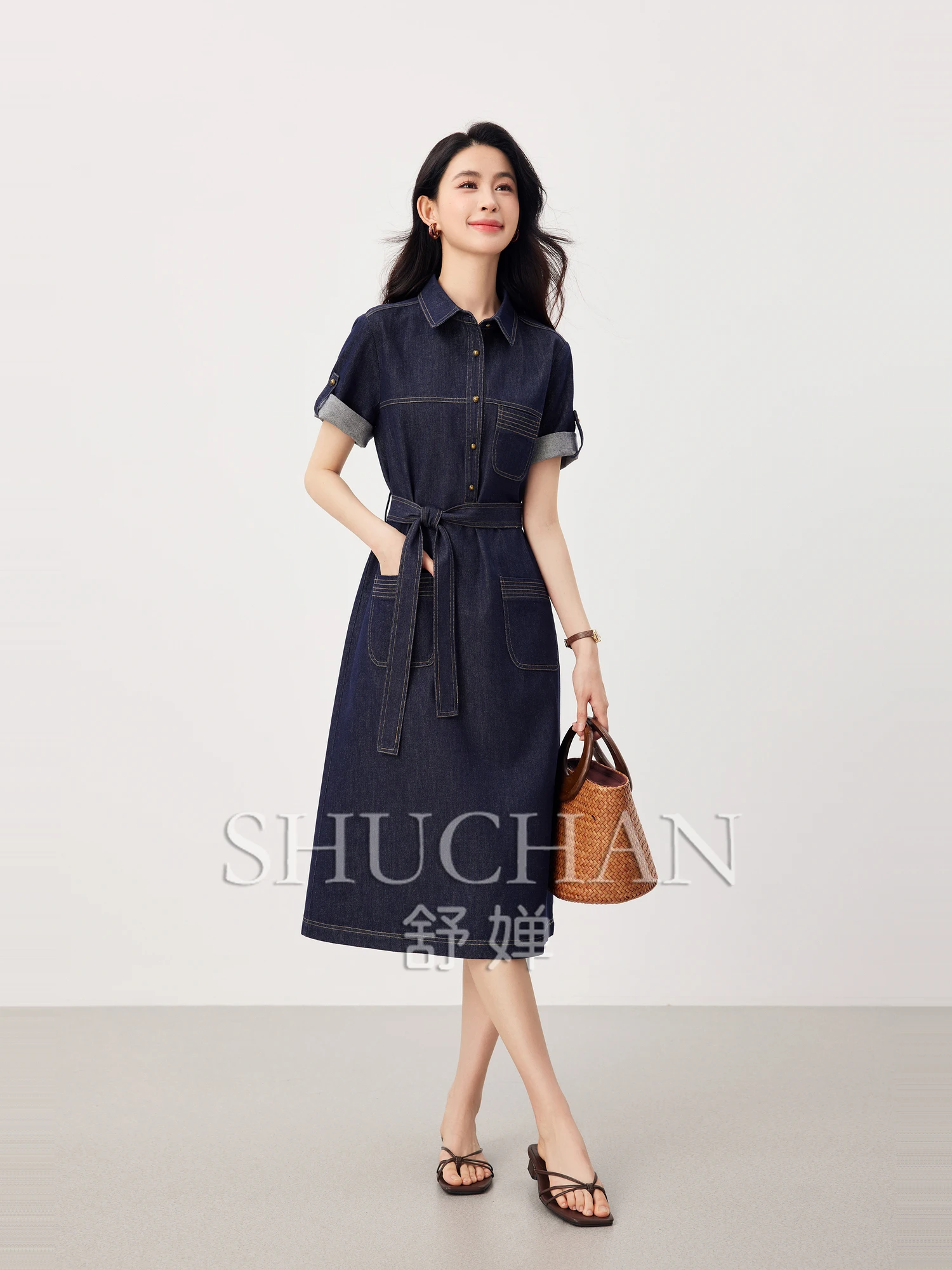 

good quality, film denim, Hong Kong style retro blue, breathable cotton denim shirt denim dress 25 summer