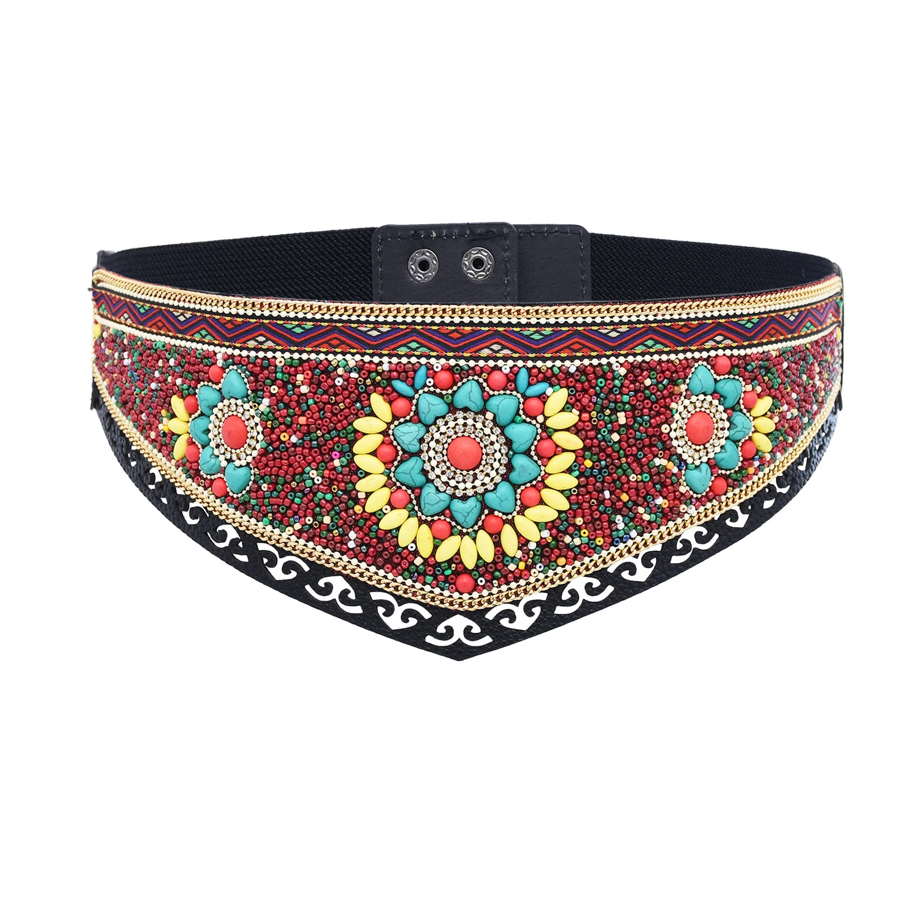 Cinturón bohemio con cuentas y flores para mujer, cinturón étnico con cadena ancha elástica para el cuerpo, vestido para niñas y mujeres