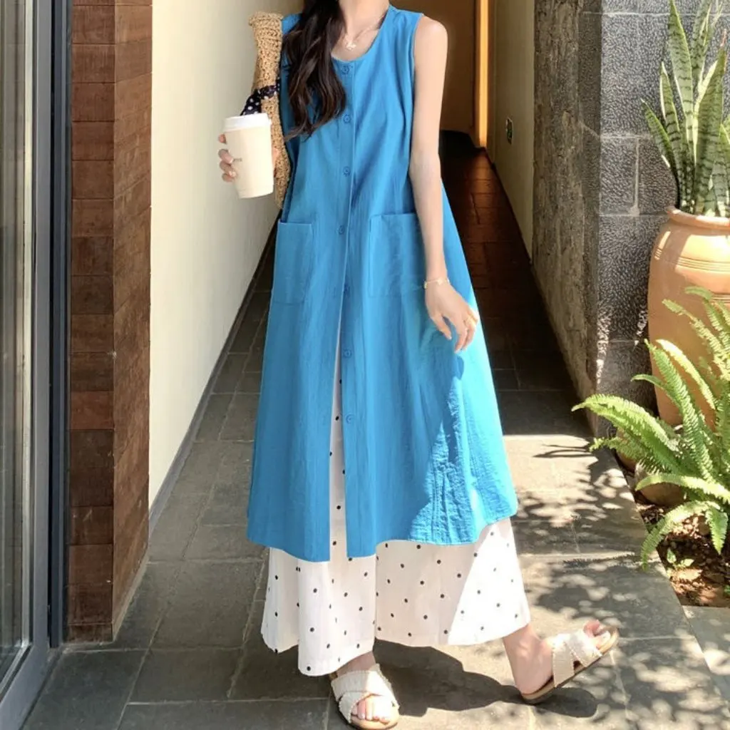 

Женский летний костюм, синяя рубашка без рукавов, юбка, белые широкие брюки в горошек, нежный стиль, двухсекционный многослойный ансамбль