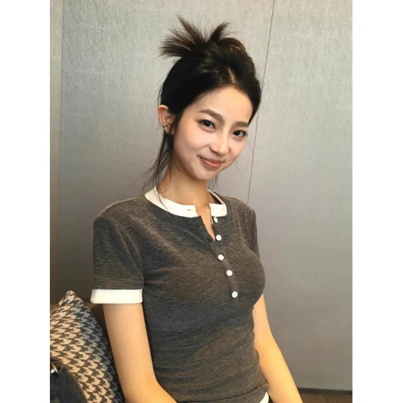 

Women's Polo Collar T-shirt, Patchwork Short Sleeve Tees, Woman Summer Casual Slim-fit Tops, 2025