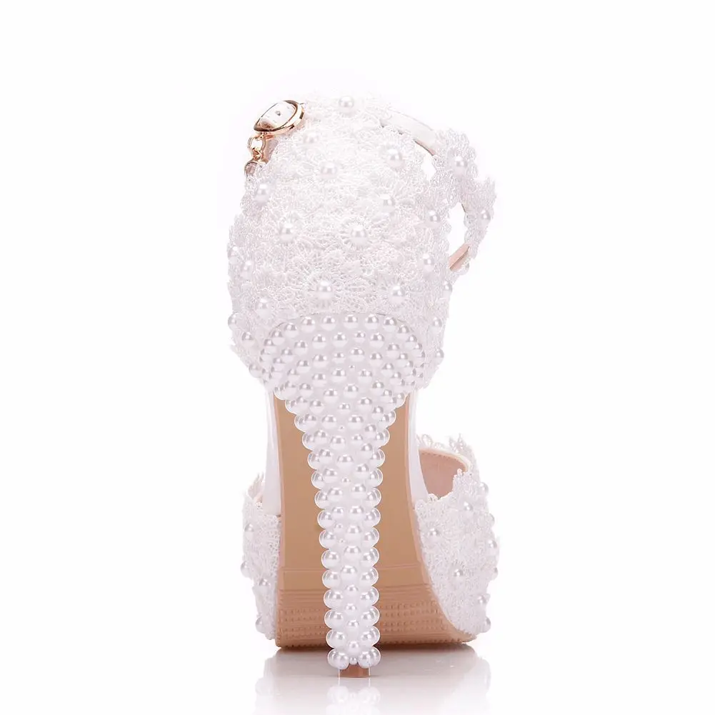 Summer fish mouth white pearl lace flower waterproof table wedding shoes banquet dress large size thin high-heeled women's shoes