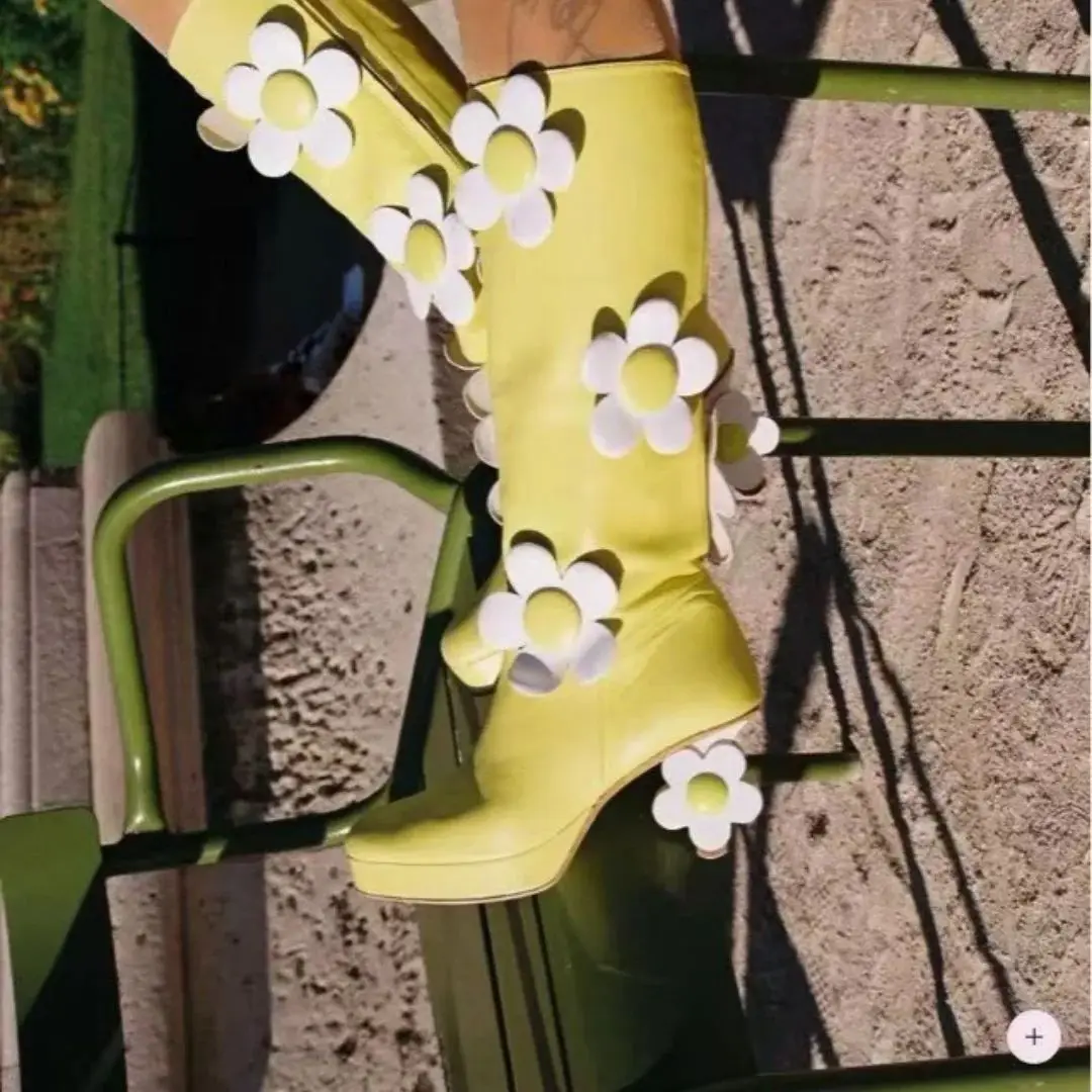 Floral-Patterned High-Heeled Women's Boots Large Flowers Decorate Cosplay Shoes Anime Convention Performance Fashion Boot Female
