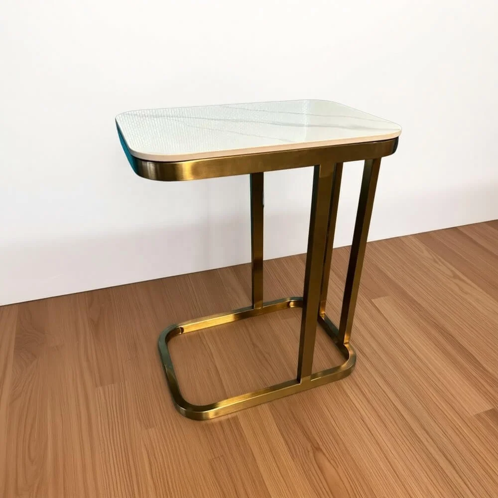 #Modern End Table Golden Stainless Steel Sintered Stone Top Handmade Contemporary Living Room Furniture