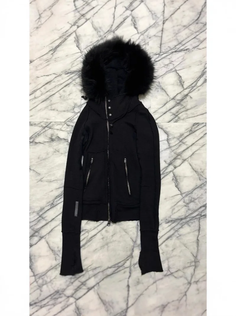 

Black Hooded Short Cotton Jacket Zipper Closure Women's Slim Fit Vintage Japanese Style Commute Windbreaker Youth Pure Color