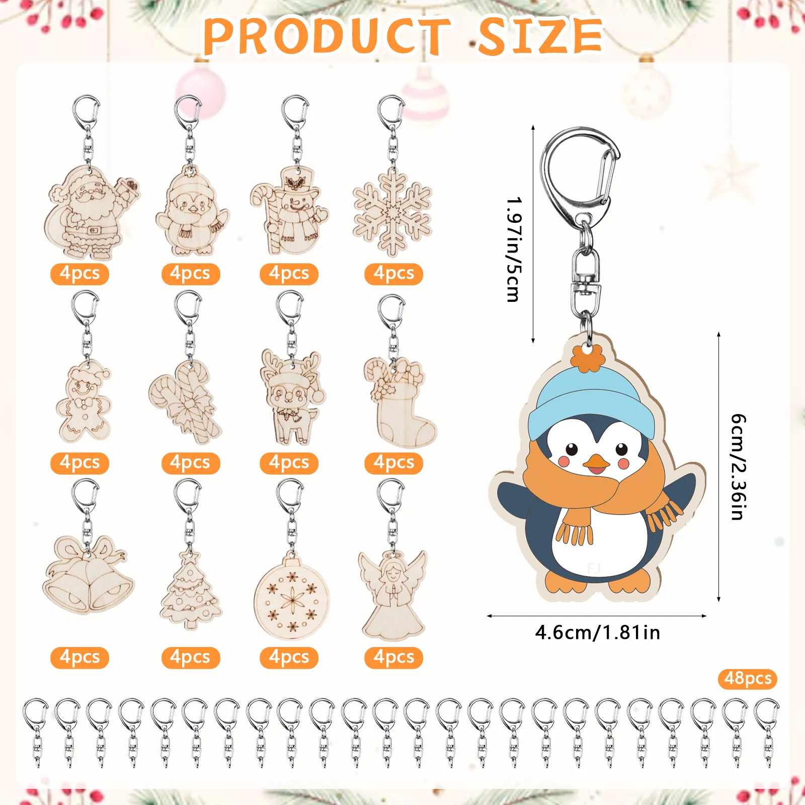 [YU]Christmas Unfinished Slices Crafts Color Your Own Christmas Keychains DIY Wooden Blank Keychains Xmas Unfinished Wood Sl