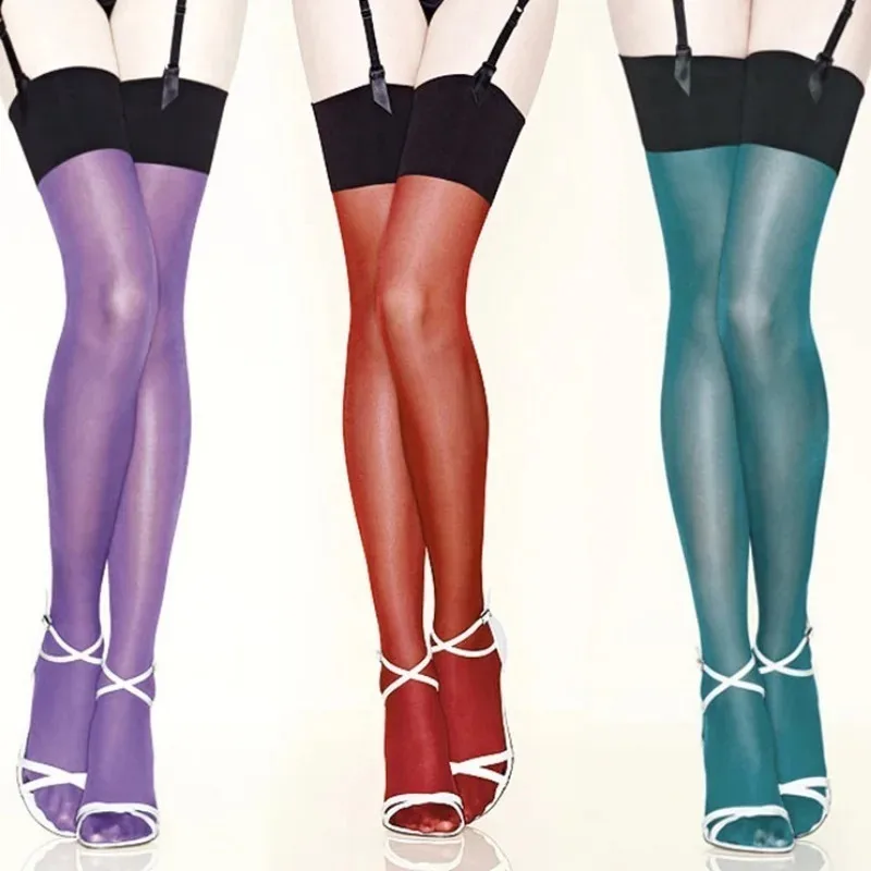 30D Multi-color Oil Shine Shiny Thigh High Women Vintage Stockings Sexy Over Knee Long Stocking Lingerie Tights Pantyhose