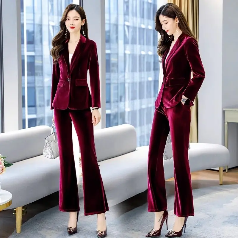 Women\'s Autumn Winter New Fashion Golden Velvet Suit Jacket Matching Set Korean Elegant Professional Blazers Pants Two Piece