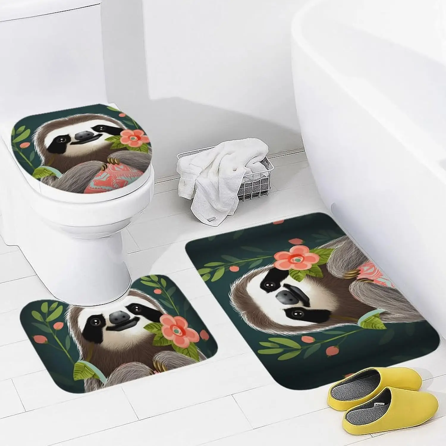 3 Piece Bath Rug Set Non Slip Absorbent Bath Mat Contour Mat with Toilet Lid Cover Cute Sloth Soft Floor Mats for Bathroom