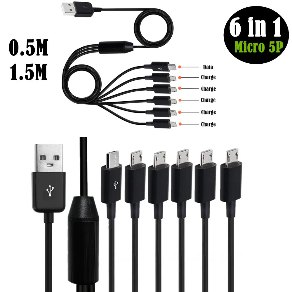 

USB 2.0 Type A Male to 6 Micro USB 5 Pin Male Splitter Y Data Sync and Charge Connector Adapter Cable 0.5m/1.5m；